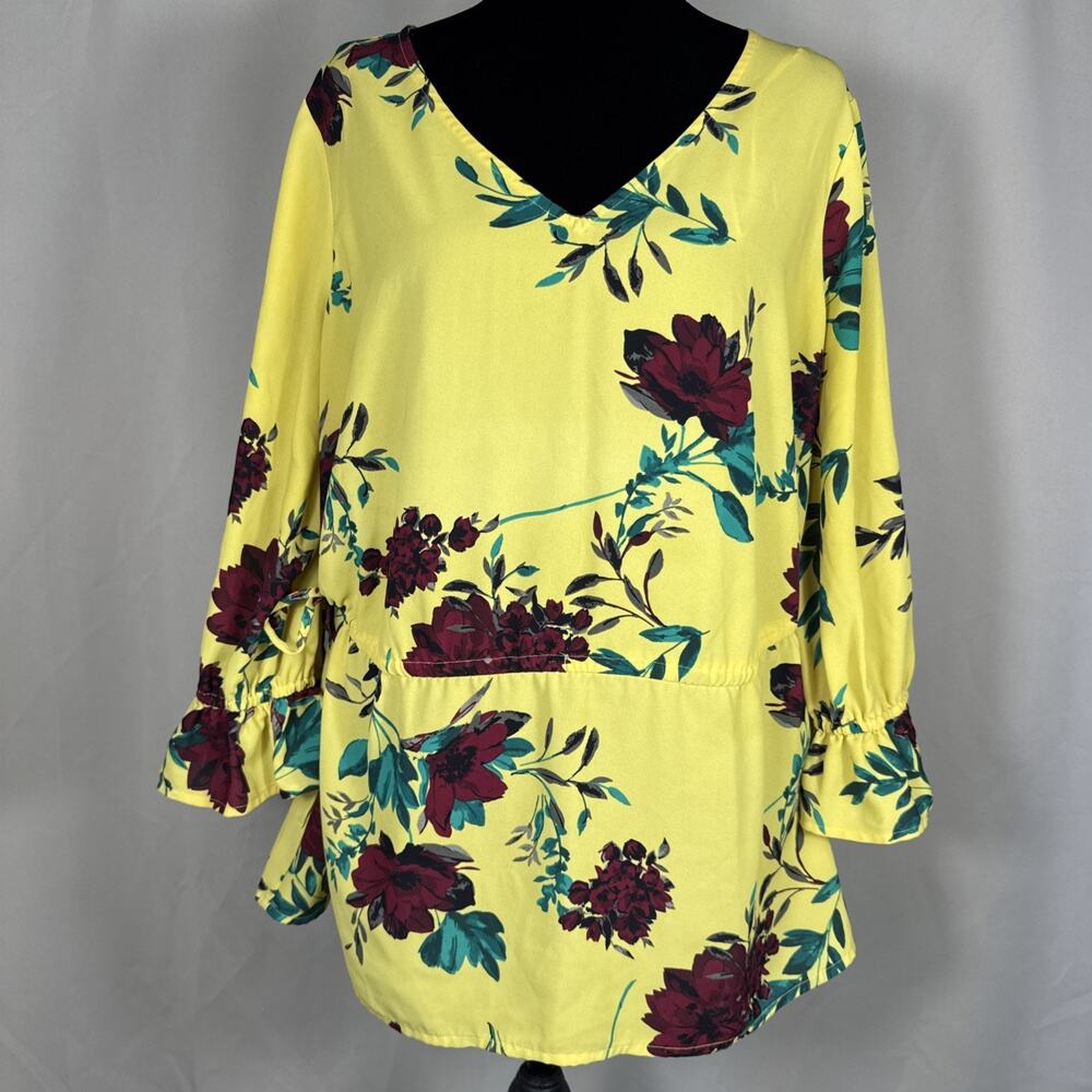 EVRI Women’s 0X Yellow Floral Blouse V Neck Bell Sleeve Boho Tunic Plus Size
